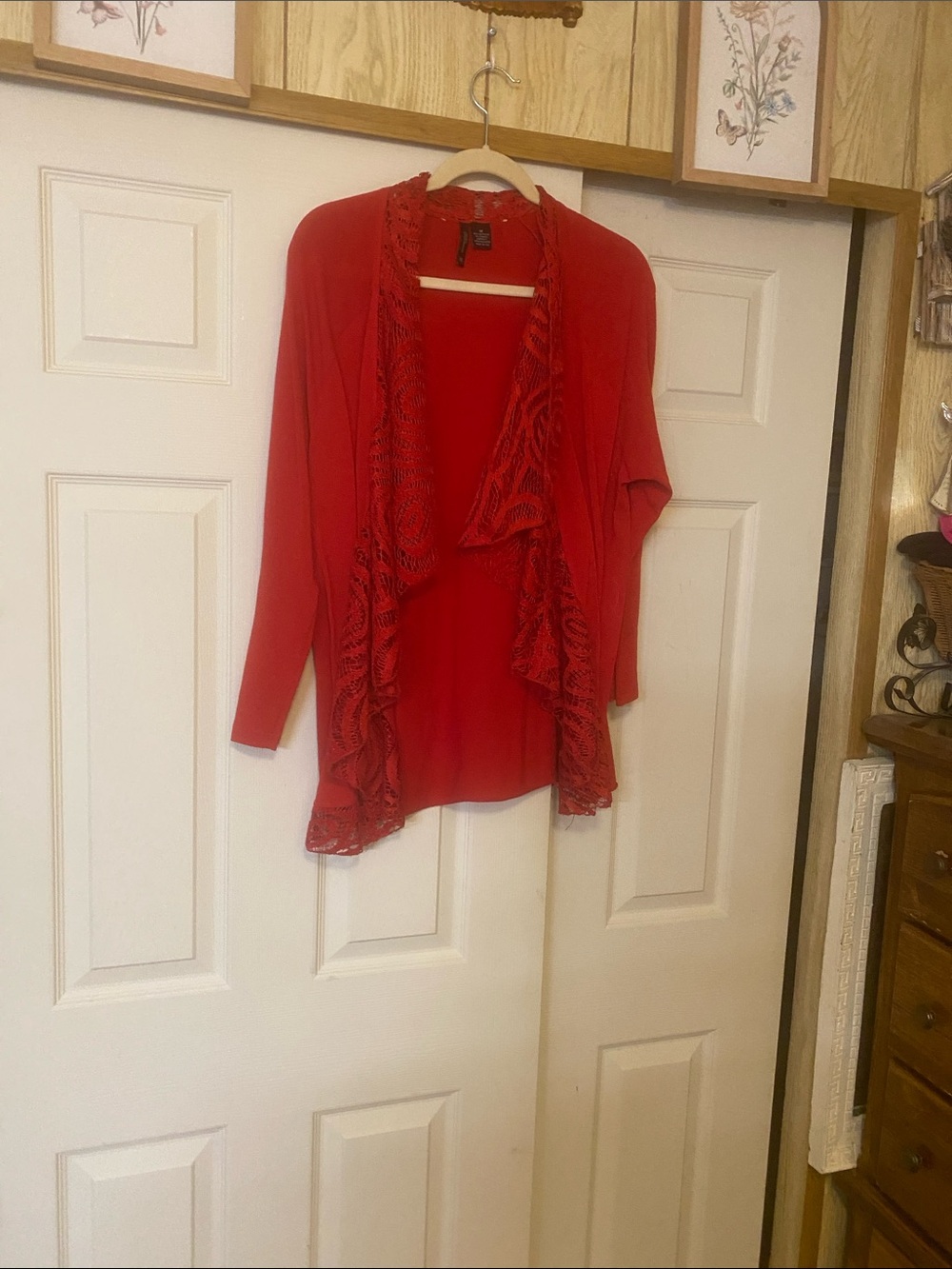 new directions Red Lace-Trim Open Cardigan